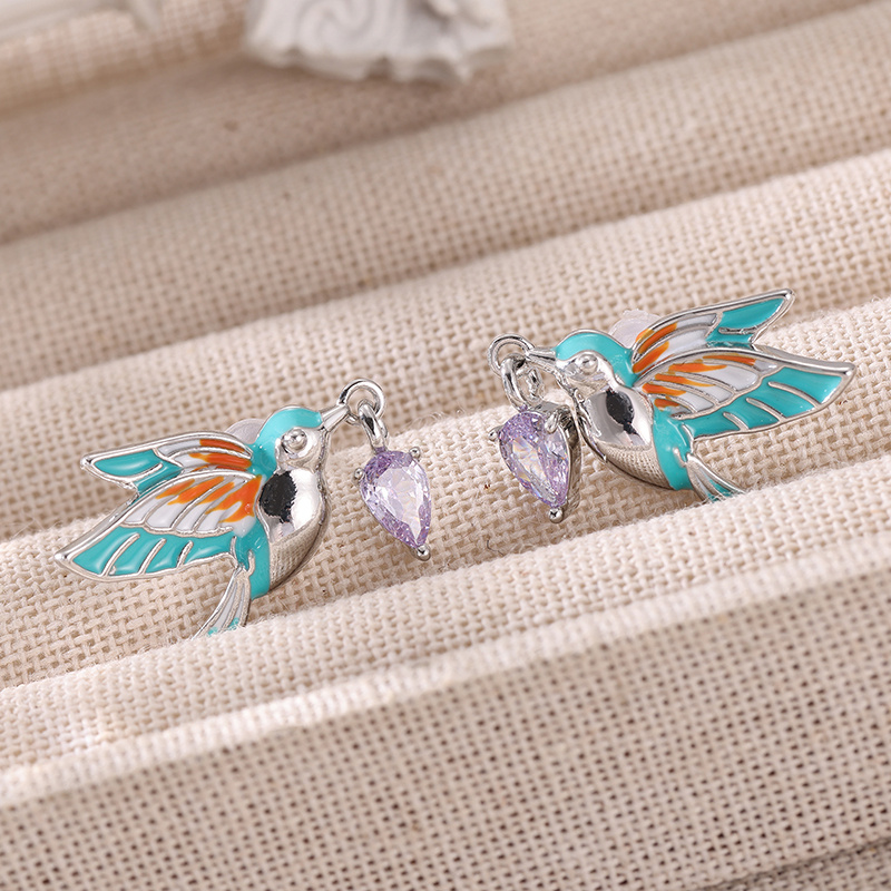 Women's Bird-Shaped Enamel Inlay Earrings